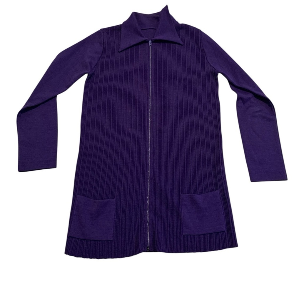 VINTAGE 60s/70s Purple Ribbed Zip-Up Tunic Sweater Dress | Full Zip Coatigan M